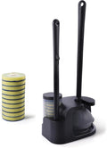 Eyliden Disposable Toilet Brush and Plunger Combo | 2-in-1 Toilet Bowl Wand Kit - 10 Count Pre-Soaked Refill Heads 3-Step Plunger Storage Holder - Compact Toilet Cleaning System (Black)