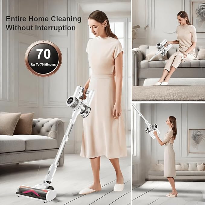 Cordless Vacuum Cleaner 600W 55Kpa 70Mins Stick Vacuum Cleaners for Home AUTO Dust Detection/LED Touch Display Rechargeable Wall Mount Wireless Handheld Vacuum for Pet Hair/Carpet/Hard Floor