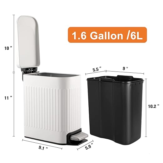 TrashAid Slim Bathroom Trash Can with Lid Soft Close 6 Liter/1.6 Gallon Stainless Steel Small Garbage Can with Removable Inner Bucket Step Pedal Slim Wastebasket for Toilet Office Bedroom White