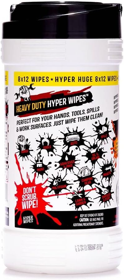 Hyper Wipes 2 Pack Heavy Duty Hand &amp Tool Cleaning Wipes 8x12 Size Multi-Surface Cleaning Wipes Degreasing All Purpose Cleaner Bathroom Mechanic Work Surface Wipes 180 Count Canister