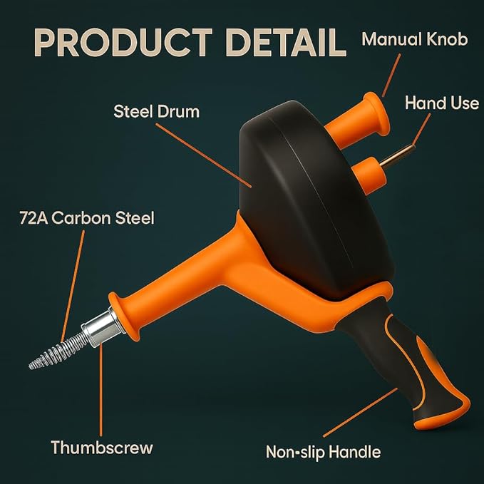 50 FT Drain Snake Hair Drain Clog Remover Manual Or Powered Plumbing Snake With Drill AdapteUnclog Sink Drain Tool Drain Auger for Toilet、Shower、Kitchen、Sink No Auto Retract Or Feed Orange