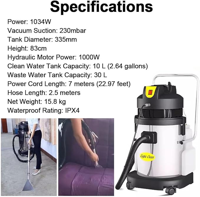 Stainless Steel Commercial Carpet Cleaner 3-in-1 Extractor Machine for Spraying Washing &amp Vacuuming Includes 6 Cleaning Attachments for Carpets Upholstery Auto Detailing (IPX4) 30L