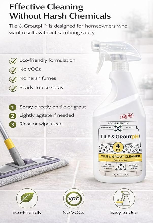 Tile &amp Grout pH – Eco-Friendly Acidic Tile &amp Grout Cleaner (pH 4) – Removes Hard Water Soap Scum &amp Grime – No VOCs Biodegradable 25 fl oz
