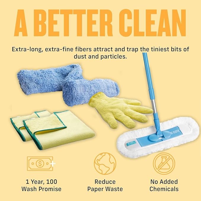 E-Cloth Duster &amp Cleaning Bundle - Microfiber Cloth Set - Includes Flexi-Edge Floor Dusting Mop High Performance Dusting Cloth &amp Glove Cleaning Wand and Replacement Mop Head