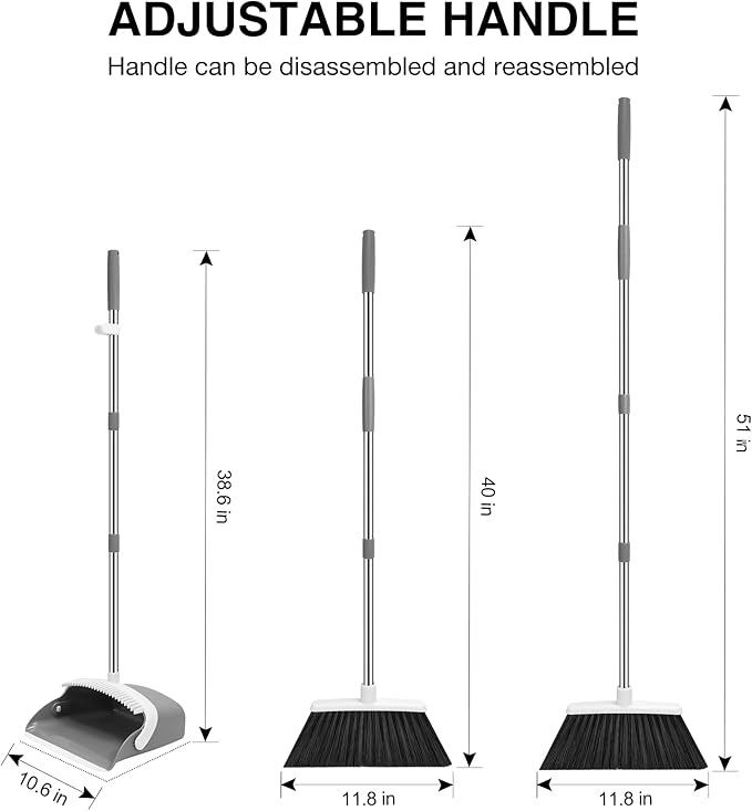 NACENA Broom and Dustpan Set 52-in Long Adjustable Handle Broom Dustpan Combo with Dustpan Teeth to Automatically Clean Hair Suitable for Home Kitchen Office Hall Floor (Grey&ampWhite) 2 Pack