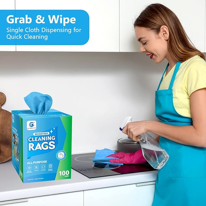 GLIMGLINT Shop Towel 100 Pack Blue Microfiber Cleaning Cloth Lint-Free Ultra Absorbent Reusable Paper Towels for Home Kitchen Car Garage or Shop Cleaning Rags 11 x 9