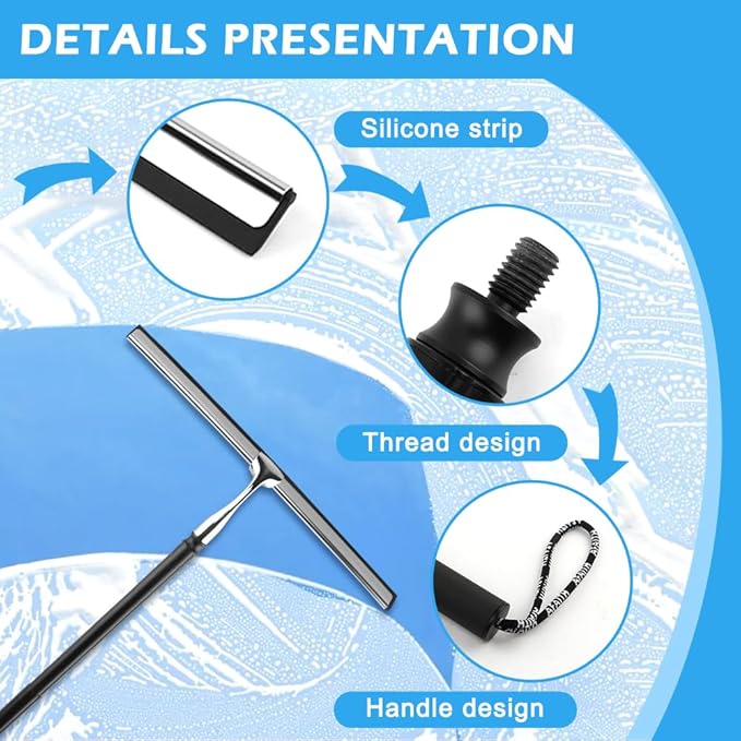 Shower Squeegee with Long Handle 17-60 Telescopic Window Squeegee with Streak-Free Silicone Blade Adjustable Cleaning Tool for Glass Doors Shower Walls Tile Car Windshield