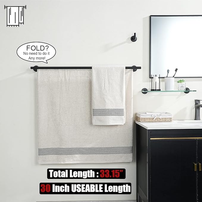 JQK Double Bath Towel Bar Matte Black 33 Inch 304 Stainless Steel Thicken 0.8mm Towel Rack for Bathroom Towel Holder Wall Mount Useable Length 30 Inch 2 Pack TB100L30-PB-P2