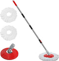 Stainless Steel Extendable Mop Handle with 2 Microfiber Replacement Heads &amp 360° Rotating Base Plate — Fits Standard Mop Buckets - Black