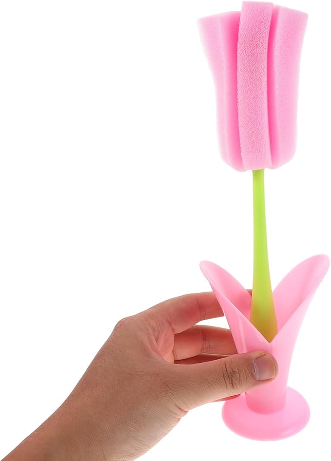 4pcs Flower Cactus Sponge with Vase Cute Baby Bottle Scrubber Dish Washing Kitchen Cup Cleaning Brush Feeding Bottle Cleaning Brush Pink