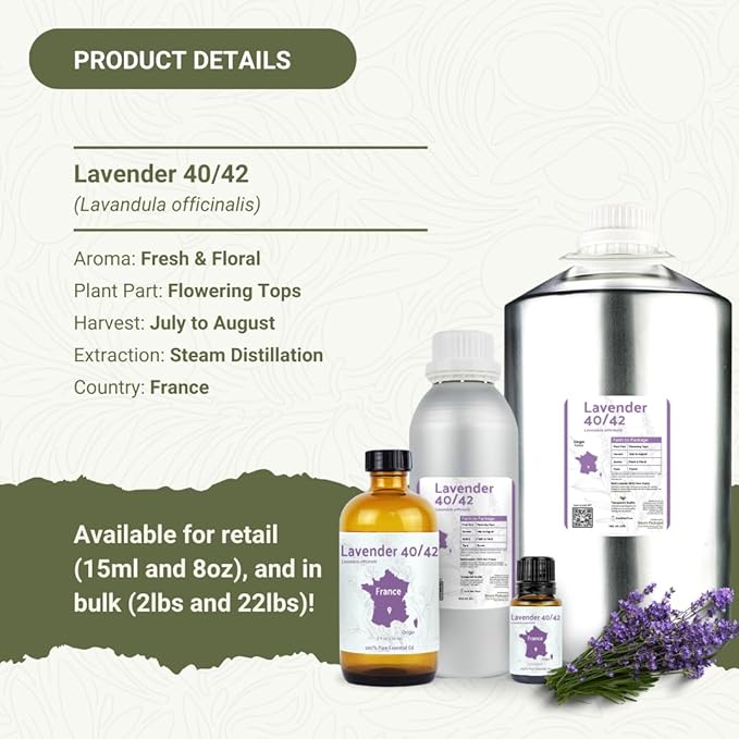 Lavender 40/42 Essential Oil Direct from France - Essential Oil for Candle Making and Soaps - Pure Lavender 40/42 Oil for Aromatherapy Skincare Haircare Perfumes (8oz)