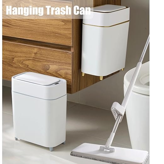 Yatmung 2-Pack - Automatic Compact Trash Can with Touchless Lid Smart Garbage Can - Waste Basket for Bathroom Bedroom Laundry Room Small Spaces - Motion Sensor Trash Bin - White with Gold Edge