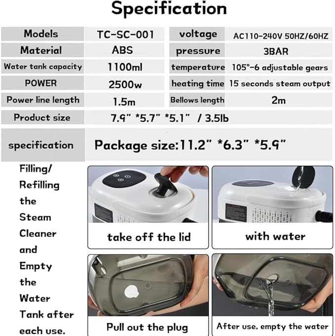 NASAMA Handheld Steam Cleaner2500W High Temperature Pressurized Steam CleanerPortable Steam Cleaning Machine For Home with 5 Brush Heads (white)