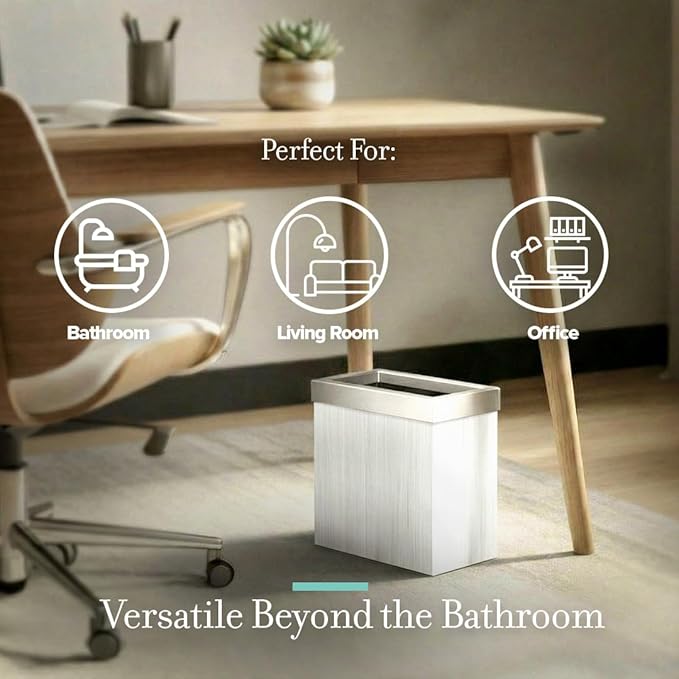 Gatco Small Bathroom Trash Can with Lid Rectangle 3 Gallon Wastebasket Under Sink White Oak with Satin Nickel for Bathroom Bedroom Office (1943SN)