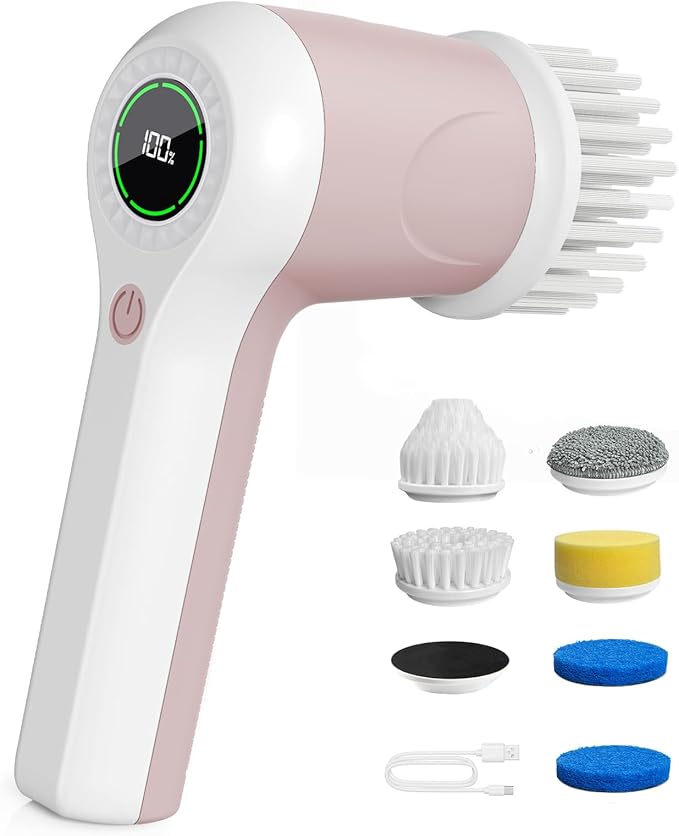 Electric Spin Scrubber Cordless Shower Scrubber with Battery Level Display 2 Speeds Electric Scrubber for Cleaning with 6 Replaceable Heads Cleaning Brush for Bathroom/Sink/Window (Pink)