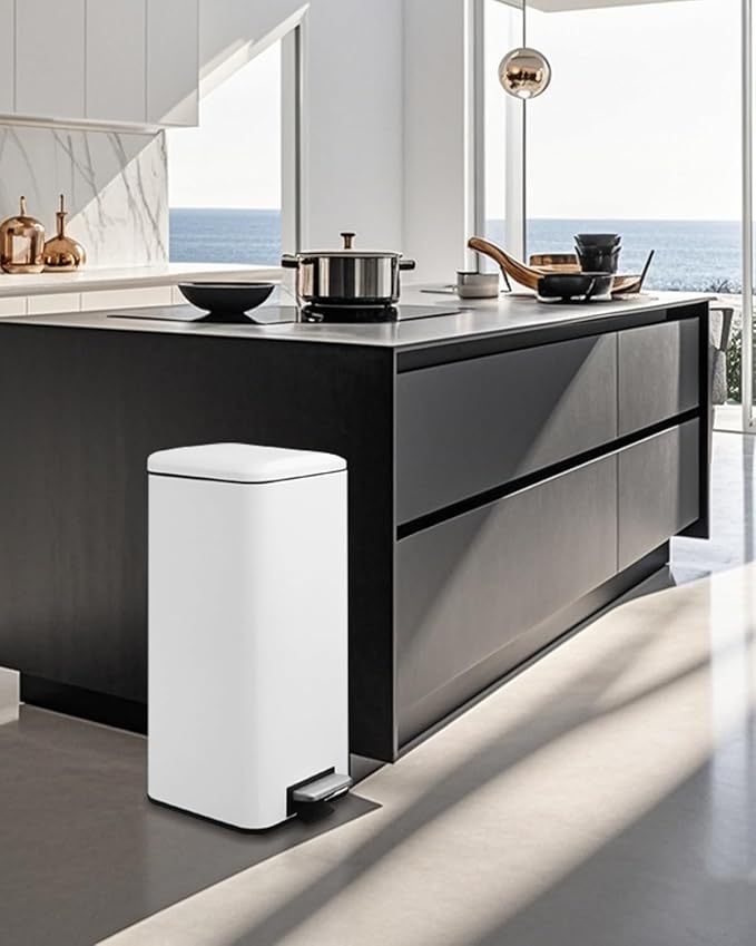 8 Gallon Trash Can with Lid White Kitchen Trash Can with Soft Close Inner Bucket &amp Steel Pedal Stainless Steel Garbage Can for Kitchen Laundry Room Office Bathroom Dorm 30 Liters