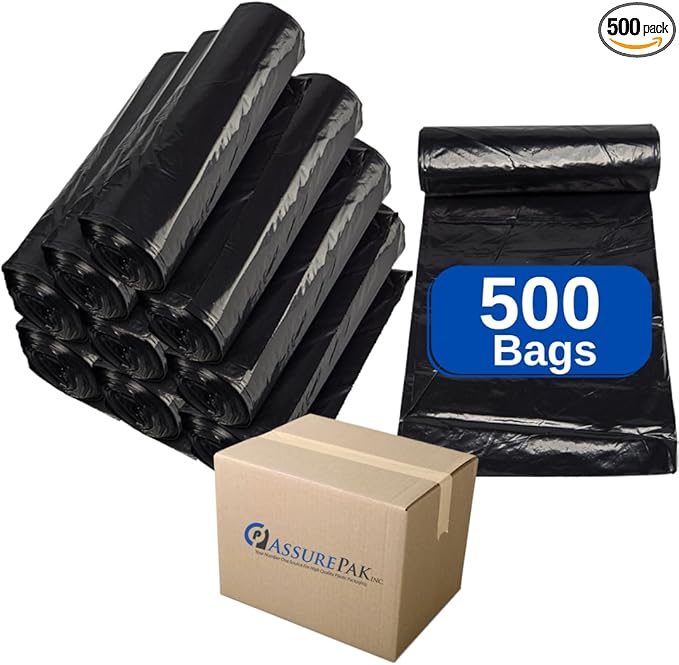 ASSUREPAK Black LDPE Coreless Trash Bags - 24x33 - 500 Bags - 0.6 mil - Black - 243306MBLKLDTL - AssurePak