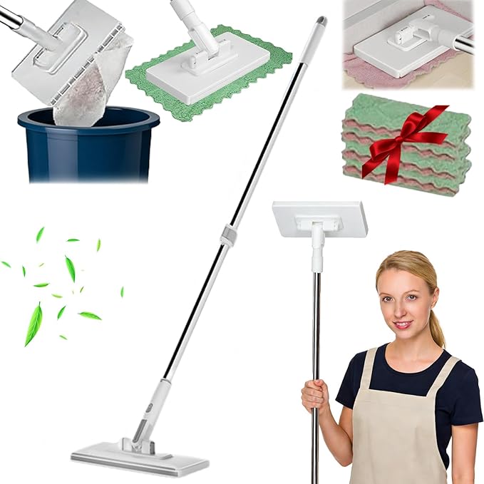 No Wash Mop 360 Clip Mop No Dirty Hand Retractable Disposable Dust Mops Lazy Mops with Locking Head &amp Sweeping Cloths Disposable Dust Mopss with 4 Reusable Cloths (Scalable)