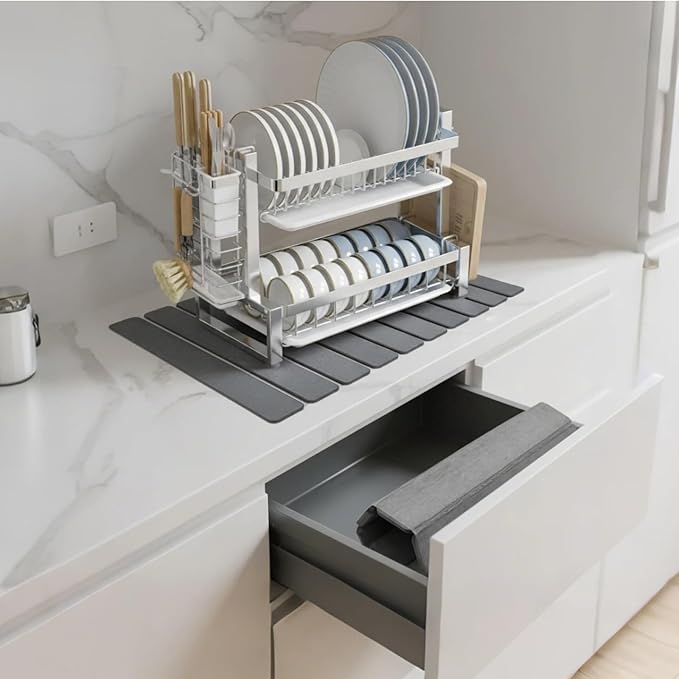 Large Stone Dish Drying Mat for Kitchen Counter Sink Bathtub Diatomaceous Earth Food Grade Super Absorbent Self-Drying Fast Dry Foldable Easy-to-Clean Eco-Friendly Drying Pad 24×16 Dark Gray