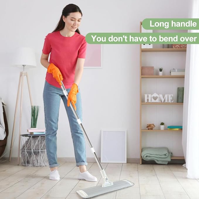 CQT Commercial Flat Microfiber Floor Mop Cleaning System 18 Inch Wet Dry and Dust Hardwood with 4 Washable Pads Cleaner for Laminate Tile Stainless Steel Handle and Extension (PT12-WET)