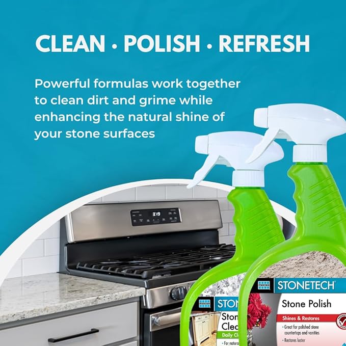 StoneTech Stone &amp Tile Cleaner and Stone Polish Duo – Daily Cleaner &amp Polish for Granite Marble Quartzite Travertine – Removes Dirt &amp Restores Shine – 2 Microfiber Cloths – Fresh Scent