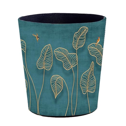 10L/2.64 Gallon Trash Can Decorative Waste Basket PU Leather Waste Paper Basket Waterproof Garbage Can for Bathroom Bedroom Office Kitchen and Living Room - Golden Leaves