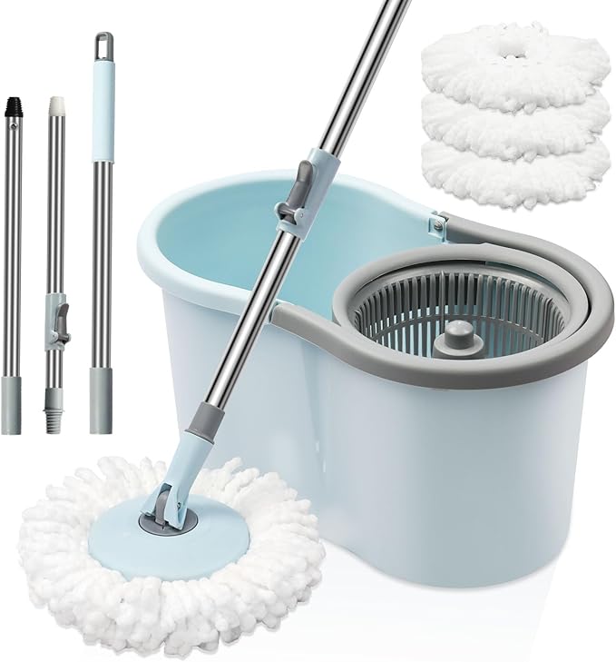 Spin Mop and Bucket with Wringer Set 360° Spinning Mop Bucket System with 3 Microfiber Mop Replacement Heads and 50 Stainless Steel Adjustable Handle for Floor Cleaning