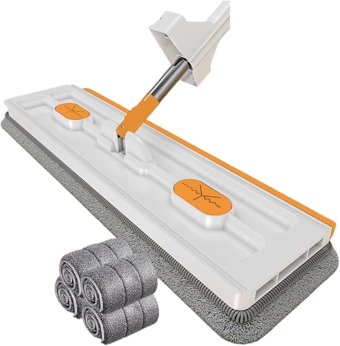 Flat Mop with 4 Reusable Microfiber Pads Adjustable 130cm Handle 360° Swivel Head for Hardwood and Tile Floors (42x12cm Ivory/Blue)(Ivory White)