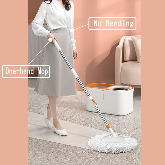 Floor Spin Mop and Bucket Set with Wringer System Extended Stainless Steel Handle 61for Home Floor Cleaning Use with 5 Replacement Head Refill and 1 Cleaning Brush Head