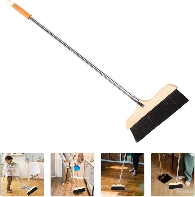 Long Handle Horsehair Brush Soft Bristle Cleaning Brush for Pet Hair Removal Indoor/Outdoor Anti-Slip Handle Easy to