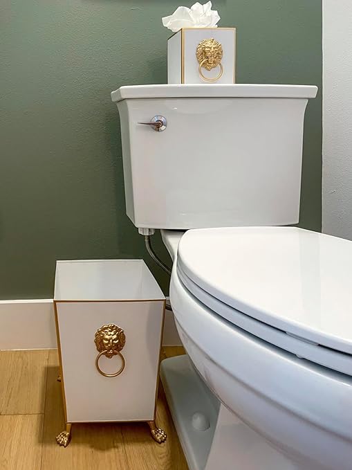 Jaye's Studio Decorative Black Bathroom Trash Can No Lid with Gold Trim Black Metal Trash Can Farmhouse Waste Basket for Dorm Room Bedroom Home Office Square Waste Bin No Lid Lion Head Accent