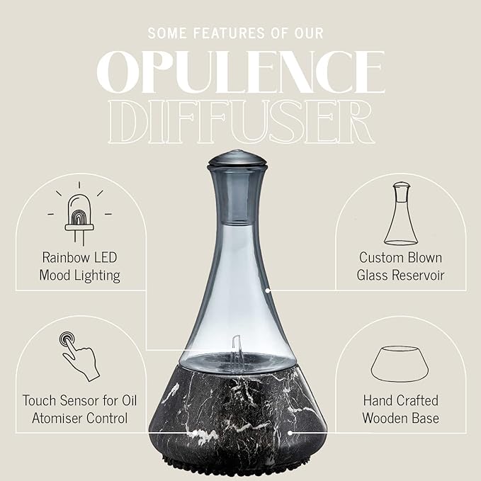 Opulence - Nebulizing Diffuser for Essential Oil/Aromatherapy with Black Marble Ceramic Base and Black Hand-Blown Glass with Touch Sensor Light Switch - No Heat No Water No Plastic Product Name