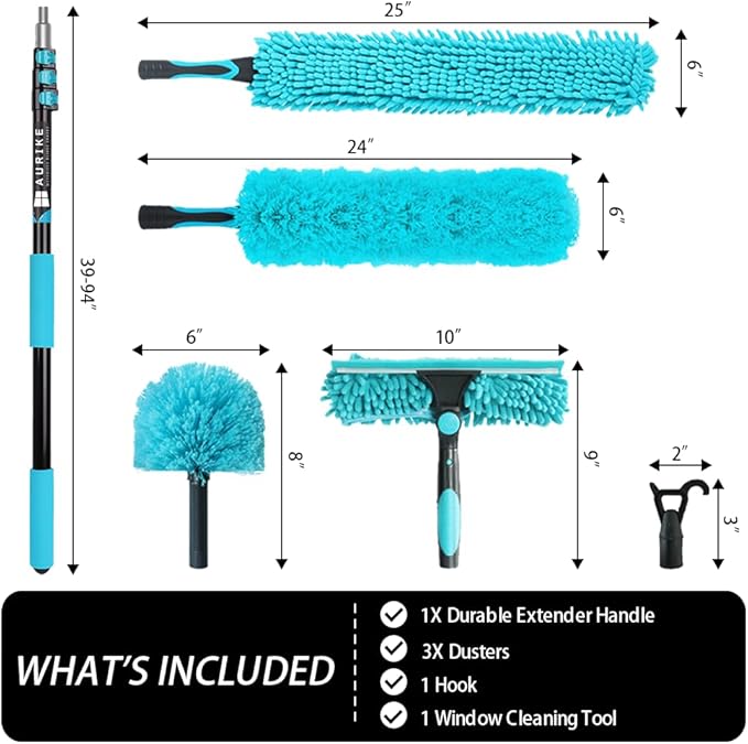 High Ceiling Duster Kits with 3-8ft Heavy Duty Extension Pole - Fan Blade Cleaner Cobweb Remover &amp Blue Window Squeegee Kit Washable Dust Brush and Glass Surfaces Skylight Shades Operating Hook