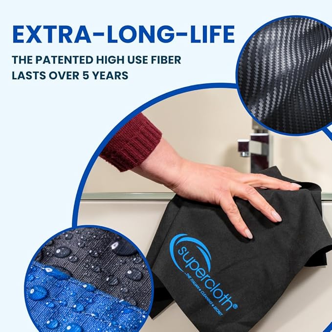Supercloth® Premium Microfiber Cleaning Cloth for All-Purpose Lasts Over 5 Years Glasses Cleaning Cloth Microfiber Cloth for Cars Magic Reusable Cloth Streak-Free 100% Made in Italy (2pk)