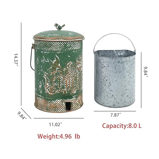 Farmhouse Garbage Can with Lid Indoor Outdoor Trash Can with Embossed Bird and Flowers PatternMetal Retro Kitchen Trash Can with Lid for Kitchen Room and Garden Decor (Green)