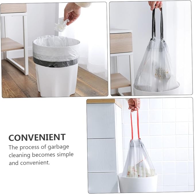Portable Drawstring Trash Bags 90pcs Disposable Rubbish Bags with Handles Gray and White for Kitchen and Household Waste Disposal Random Color
