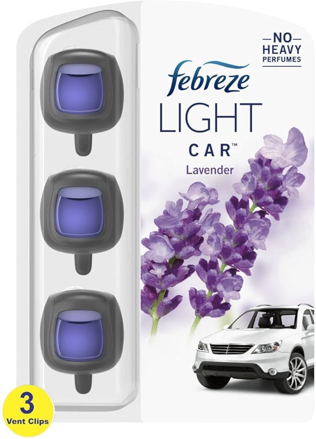 Febreze LIGHT Odor-Fighting Car Freshener Vent Clip Lavender 06 oz Pk of 3 and Storage Case Beige