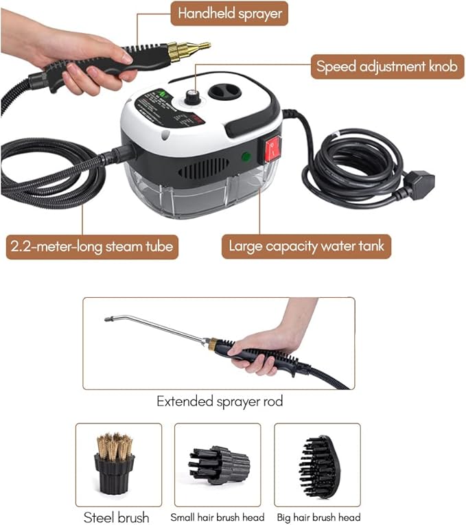 2500W Handheld Steam Cleaner Portable High Temperature Pressurized Steam Cleaning Machine with Brush Heads for Kitchen Furniture Bathroom Car