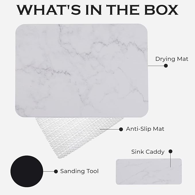 J.B Large Stone Drying Mat for Kitchen Counter - Quick Dry Stone Mat with Sink Caddy Ultra Absorbent Dish Drying Stone for Kitchen Counter and Bathrooms 16 x 12 Inch (Light Gray/White Marble Finish)