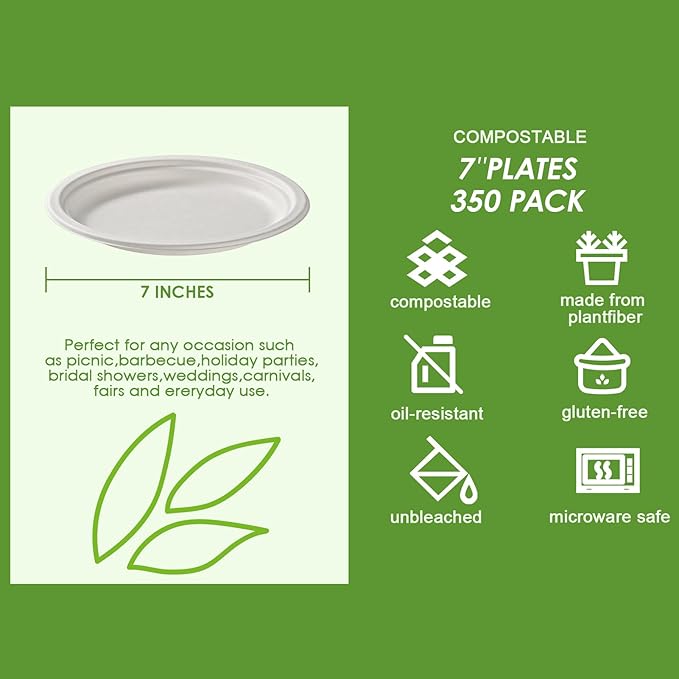 Vplus 350 Pack Paper Plates 7 inch 100% Compostable Heavy-Duty Disposable Paper Plates Bagasse Natural Biodegradable Eco-Friendly Sugarcane(White)