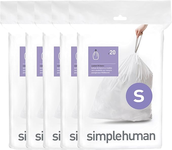 simplehuman Code S 100 Count Dispenser Pack Custom Fit Liners Drawstring Trash Bags 16 Liter / 4.2 Gallon White