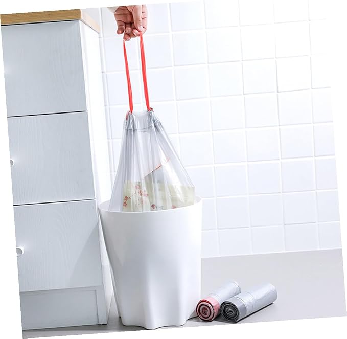 Disposable Drawstring Trash Bags 90pcs Portable Rubbish Bags with Red and Blue Drawstrings Gray and White Color Mixed Suitable for Kitchen and Household Waste Random Color