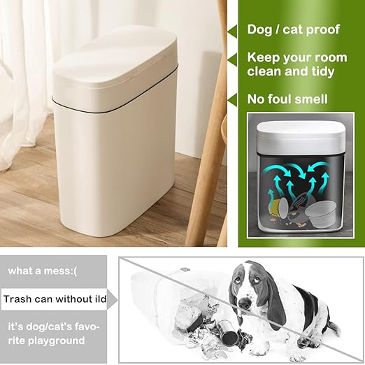 14 Litre Trash Can with Press Top Lid 3.7 Gallons Plastic Garbage Bin Slim Wastebasket for Bathroom Kitchen Toilet Office Room Bedroom White lid Without Brush