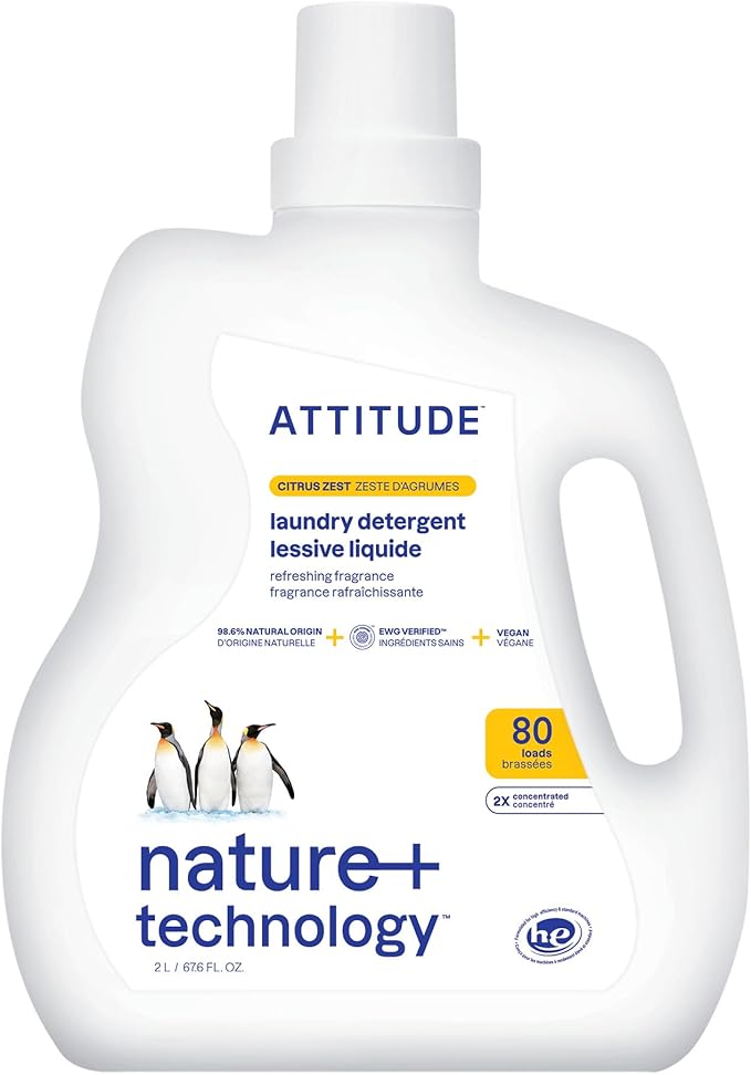 ATTITUDE Liquid Laundry Detergent EWG Verified HE Compatible Plant-Based &amp Vegan Natural Laundry Soap Citrus Zest 80 Loads 67.6 Fl Oz