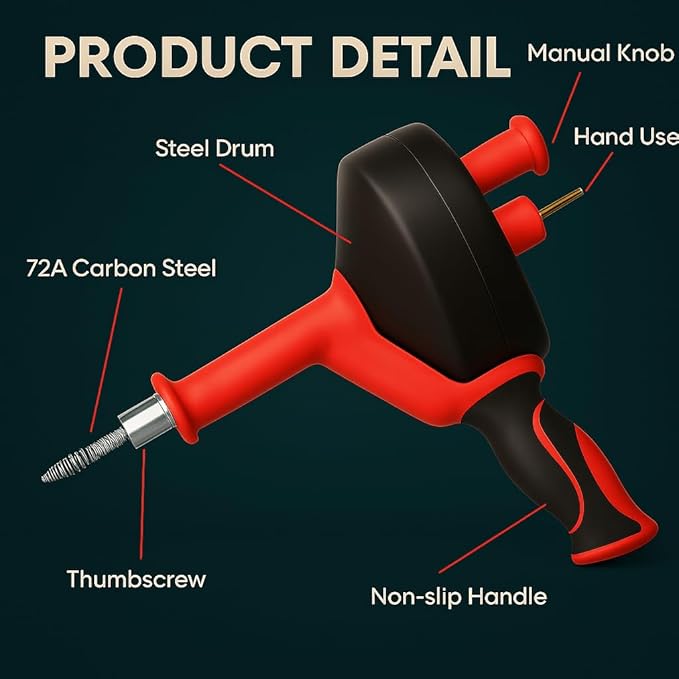 50 FT Drain Snake Hair Drain Clog Remover Manual Or Powered Plumbing Snake With Drill AdapteUnclog Sink Drain Tool Drain Auger for Toilet、Shower、Kitchen、Sink No Auto Retract Or Feed Red