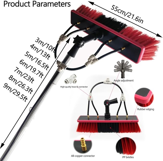 Glass Cleaning Brush Home Water Fed Telescopic Pole Kit Solar Panel Brush Rotating for Photovoltaic PanelTelescopic Roof Cleaning Brush with Water Pipes and Brooms Extendable Pole for High