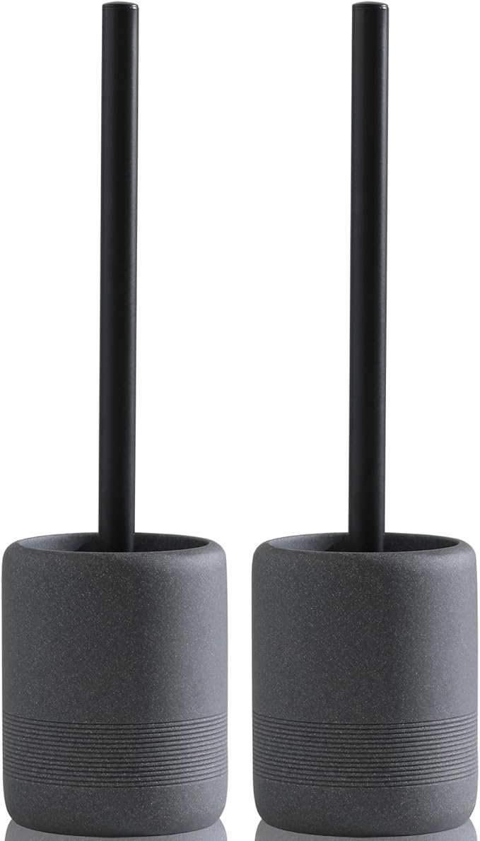 Toilet Brush and Holder Set 2 PCS Decorative Toilet Bowl Brush and Holder Set Bathroom Aceessories Toilet Scrubber Brush Set with Heavy-Weight Resin Base with Long Handle (Black)