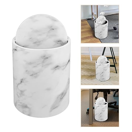 Veemoon Marble Pattern Trash Can 15L Flip Lid Plastic Waste Basket for Kitchen Bathroom Office Home Round Garbage Bin with Double Layer Cover