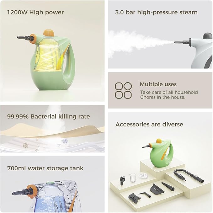 Handheld Steam Cleaner 1200W 3.0 Bar Pressure Portable Steam Cleaning Machine with 8 Accessories for Kitchen Bathroom Living Room Furniture Couch Grout (US Plug)