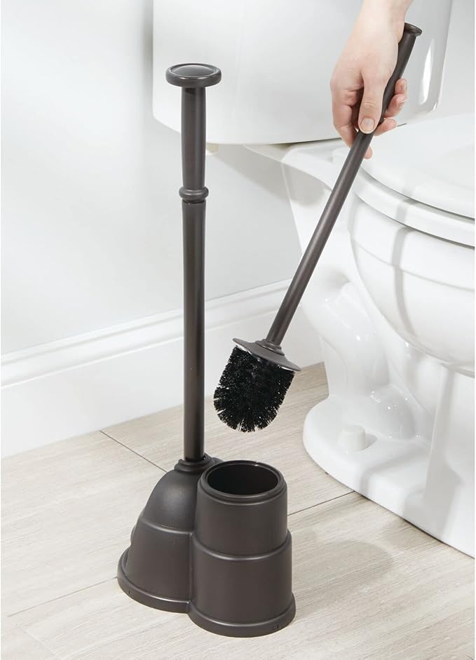 mDesign Plunger and Brush Set for Toilet Bowl - Hidden Modern Toilet Brush and Plunger Set with Caddy - Brush Cleaner and Plunger Combo with Holder for Bathroom - Hyde Collection - Bronze